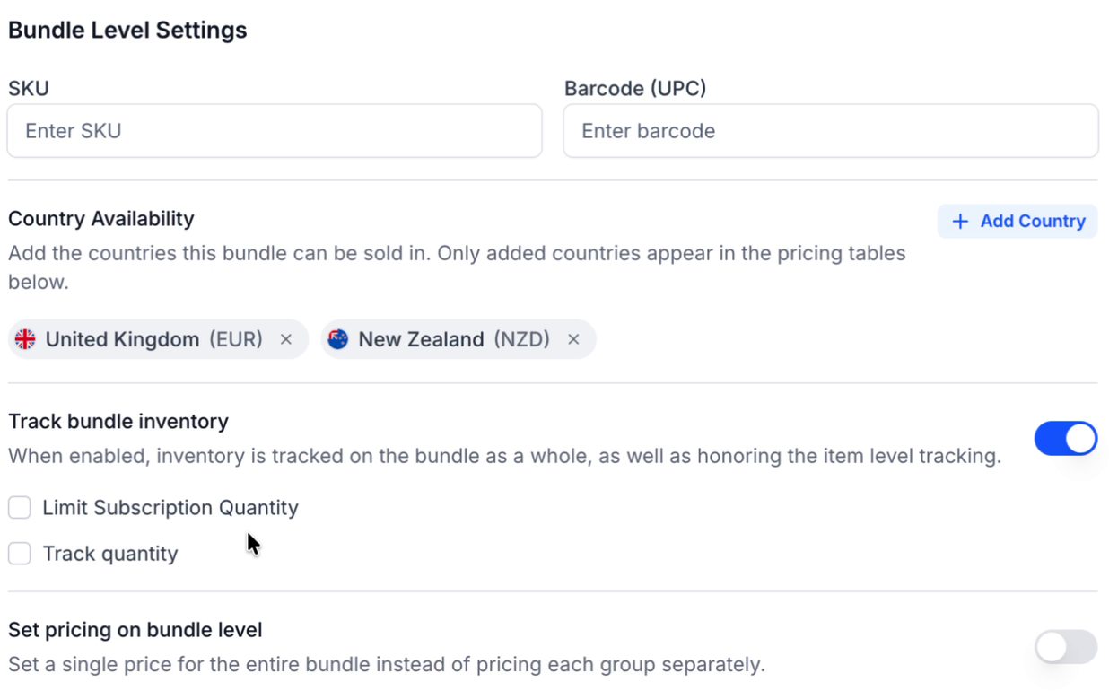 Bundle Level Settings showing country availability and a Set pricing on bundle level option.