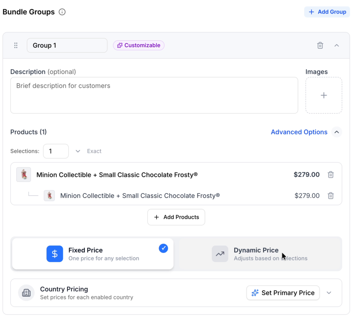 Admin bundle group with a selected product, exact selection count, Fixed Price and Dynamic Price controls and country pricing.