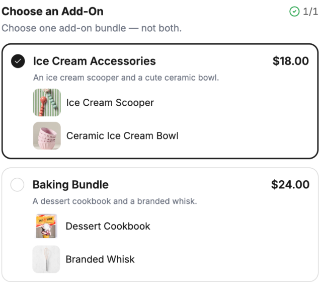 Choose an Add-On section with Ice Cream Accessories selected and Baking Bundle unselected; each option lists its included items.