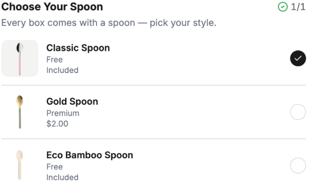Choose Your Spoon group with Classic Spoon selected, two alternative spoons and a one-of-one completion indicator.